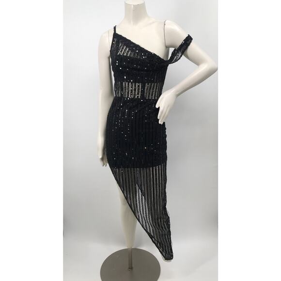 Lovers + Friends Nina Black Sequins Asymmetrical Gown Party Dress XS - Picture 1 of 16